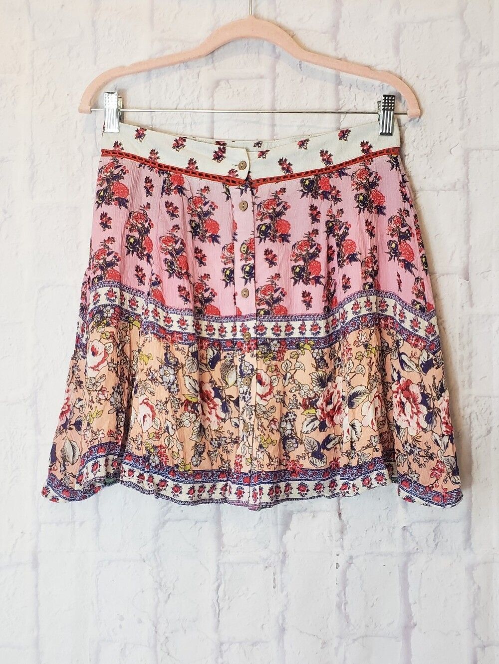 RAGA Floral Button Front BOHO Mini Skirt Medium